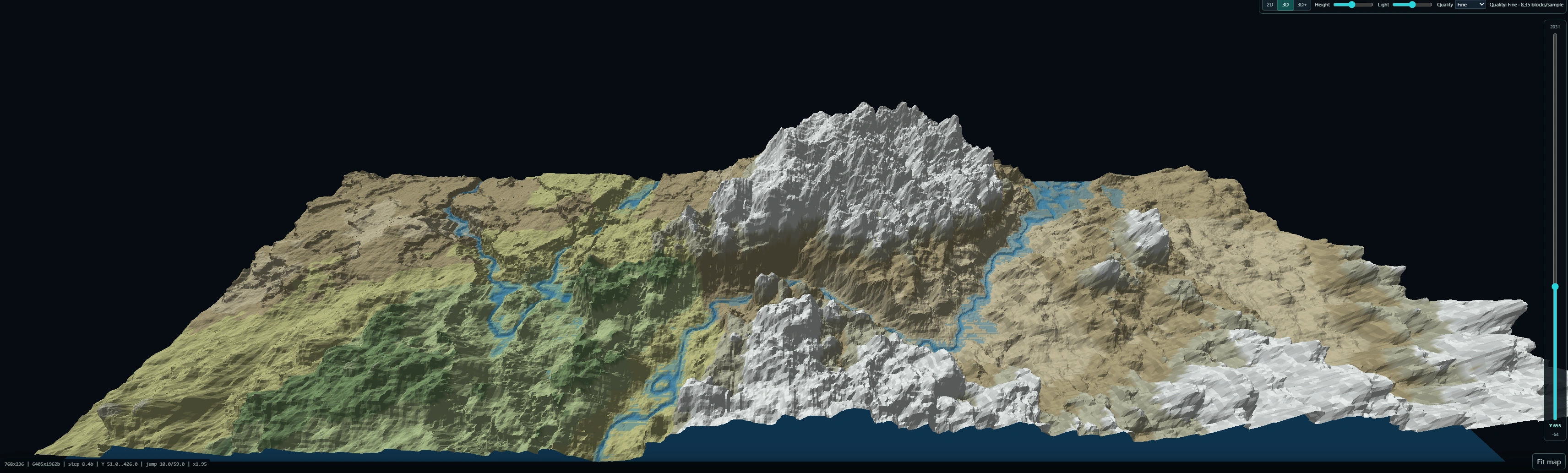 Large 3D terrain view in PRISM Worldgen Lab with mountains, rivers, snow and biome colours.